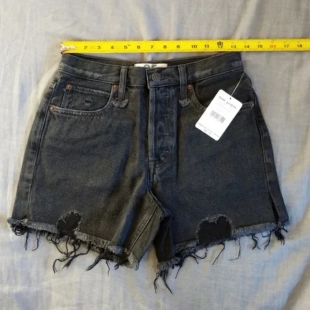 Free People Black Denim Cotton Cutoff Shorts Malai Grey Faded Black Jeans - Picture 13 of 15